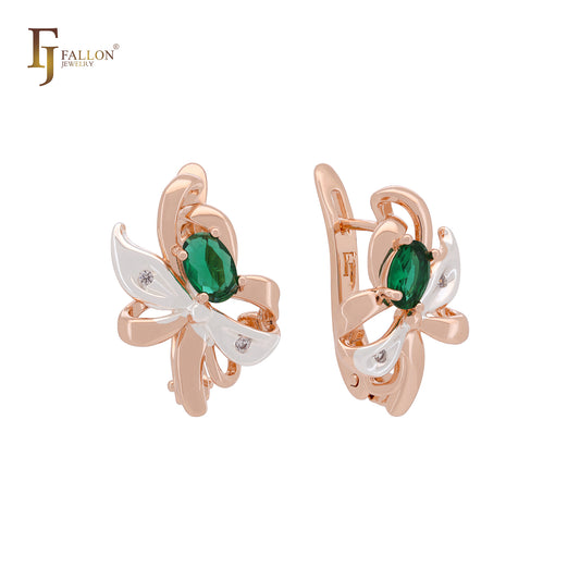 Ribbon of flower and leaves luxurious Emerald Green Rose Gold two tone Clip-On Earrings
