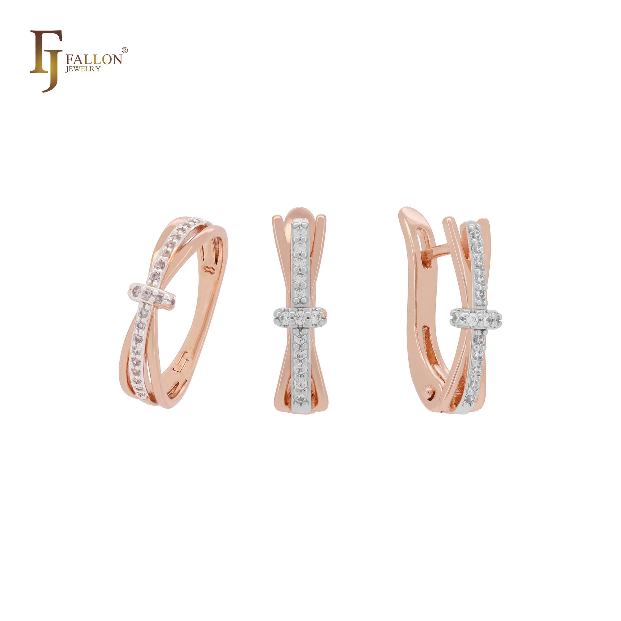 Dreifache Bänder in einem gepflasterten weißen CZs 585 Roségold zweifarbiges Schmuckset mit Ringen
