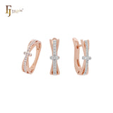 Dreifache Bänder in einem gepflasterten weißen CZs 585 Roségold zweifarbiges Schmuckset mit Ringen