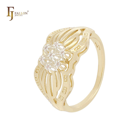 Anéis de ouro 14K em dois tons com zircônias cúbicas brancas e flores desabrochando