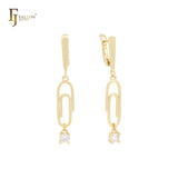 Paperclip dangling solitaire white CZ 14K Gold, Rose Gold, White Gold Russian Lock Earrings