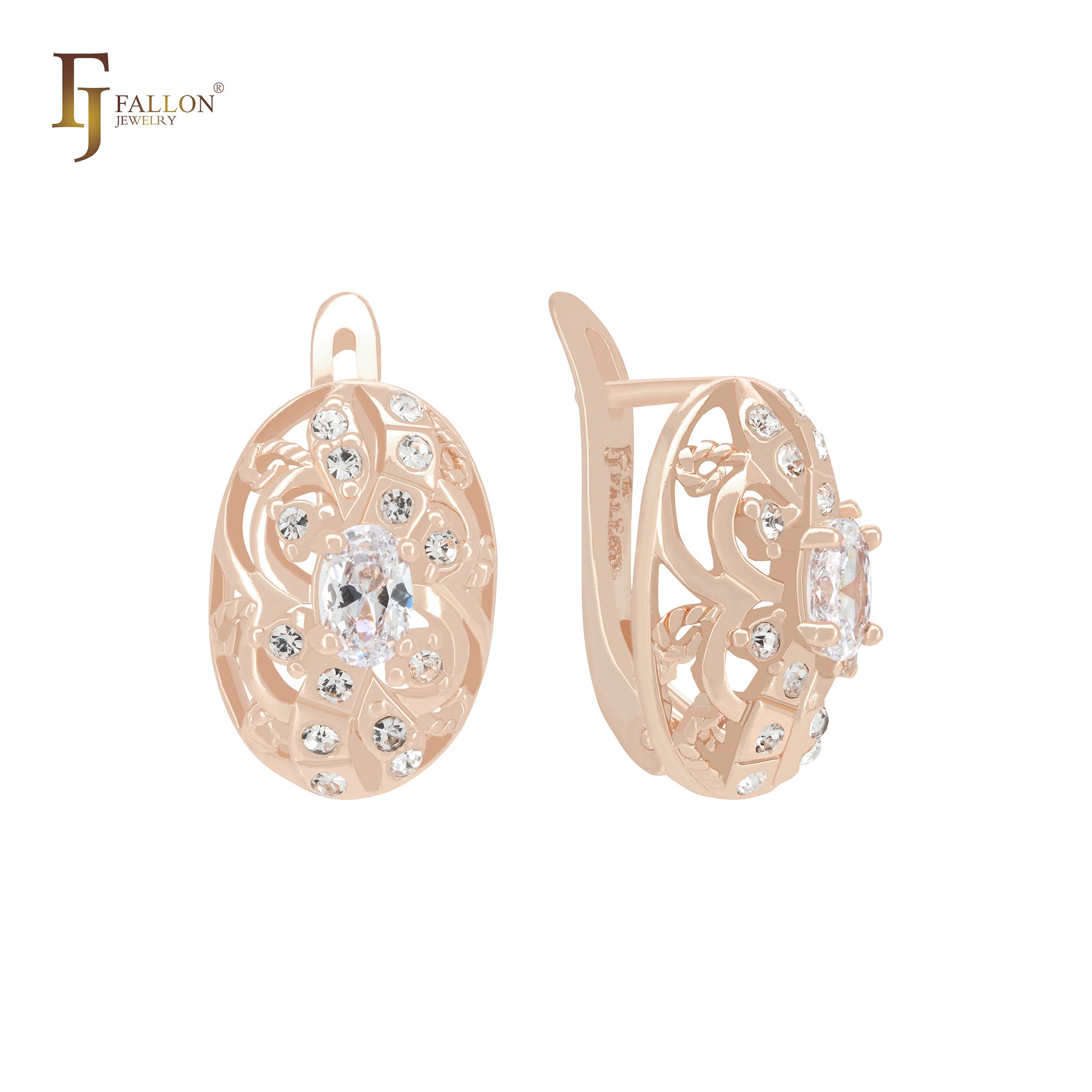 Oval white CZs cluster of filigree Rose Gold Clip-On Earrings
