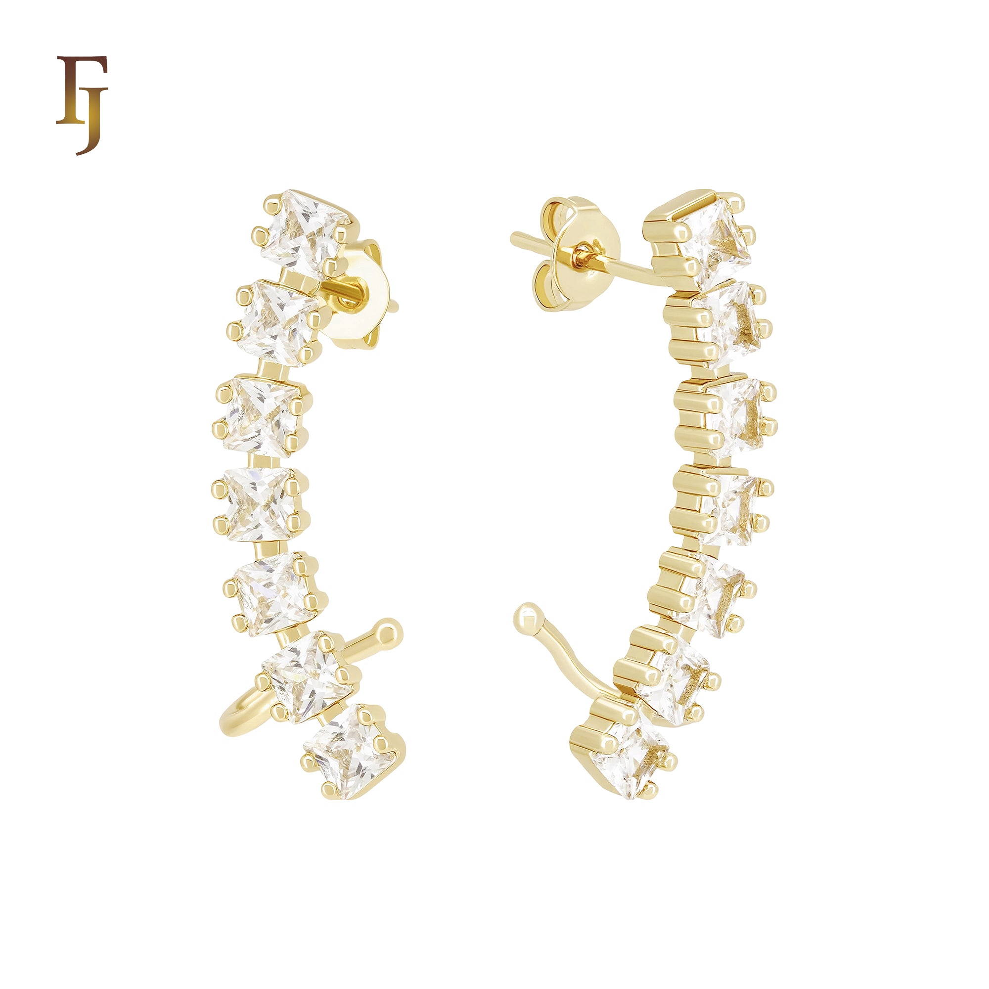 Cluster Squared white CZs 14K Gold, Rose Gold Cuff Clip Stud Earrings