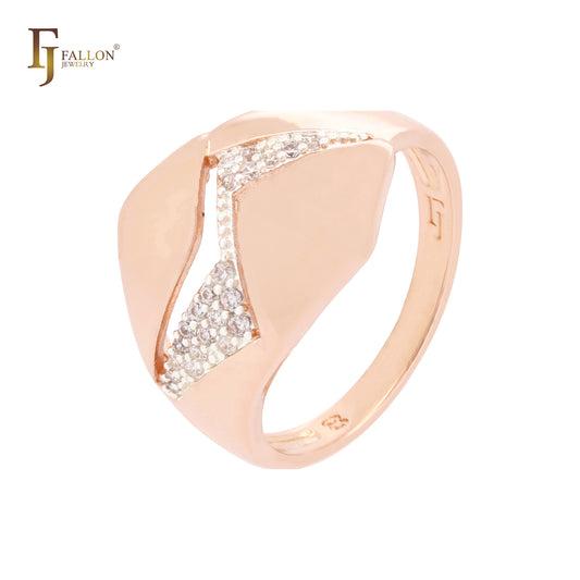 Anéis da moda em dois tons com sinal de relâmpago de hexágono geométrico branco CZs em ouro rosa