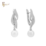Elegant leave drop pearl with white CZs Rose Gold Russian Lock Earrings