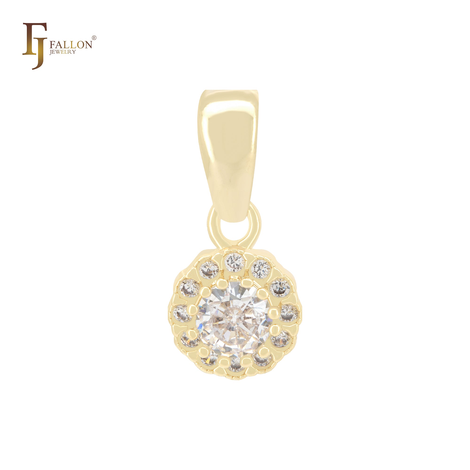 光环圆形白色 CZ 14K 金单石吊坠