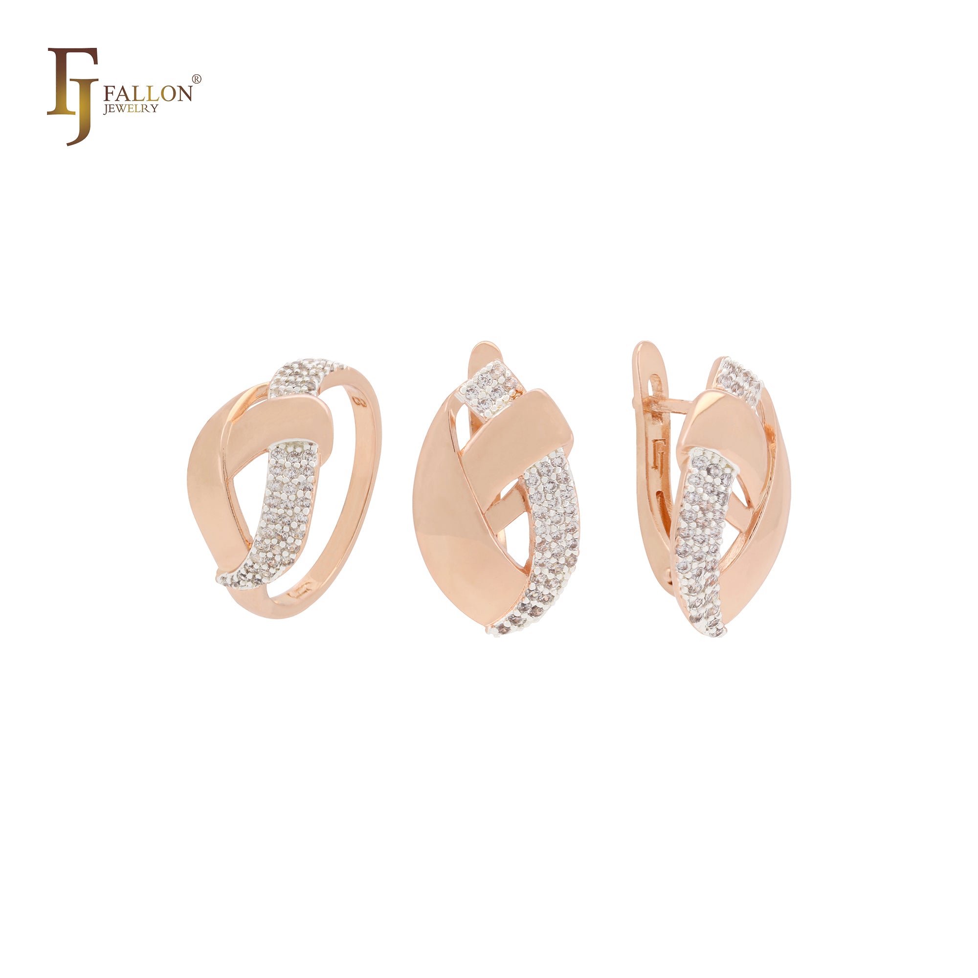 Überlappende Bänder aus weißen Zirkonia, zweifarbiges Schmuckset aus Roségold mit Ringen