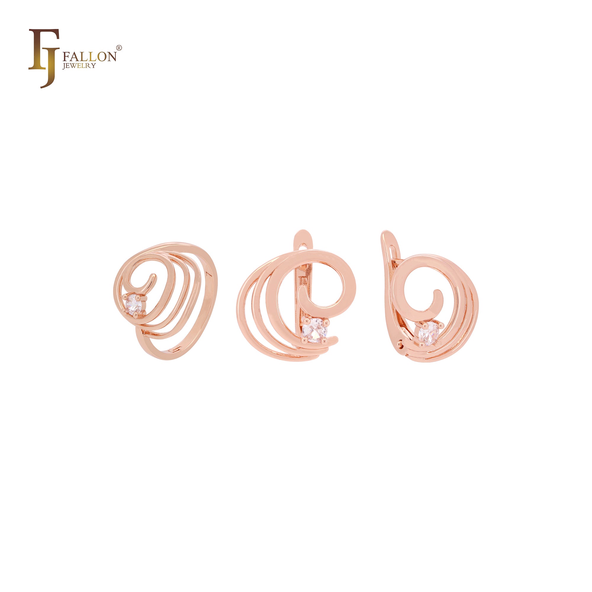 Wirbelnde Wellen mit weißen Zirkoniasteinen, elegantes Roségold-Schmuckset mit Ringen