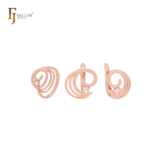 Conjunto de joias elegantes em ouro rosa com anéis e ondas giratórias com zircônias cúbicas brancas