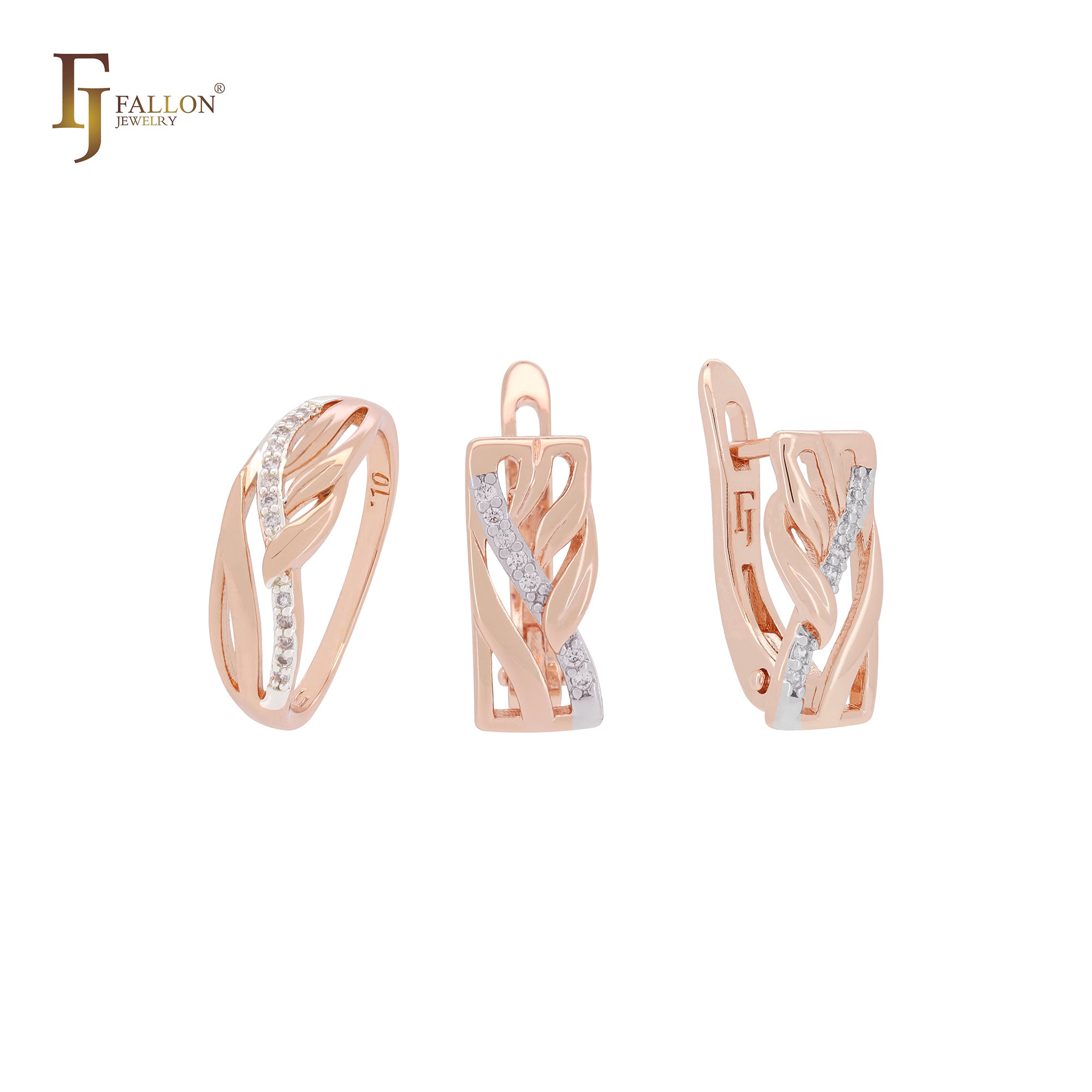 Conjunto de joias em dois tons com anéis e czs brancos pavimentados com folhas e galhos em ouro rosa