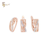 Conjunto de joias em dois tons com anéis e czs brancos pavimentados com folhas e galhos em ouro rosa