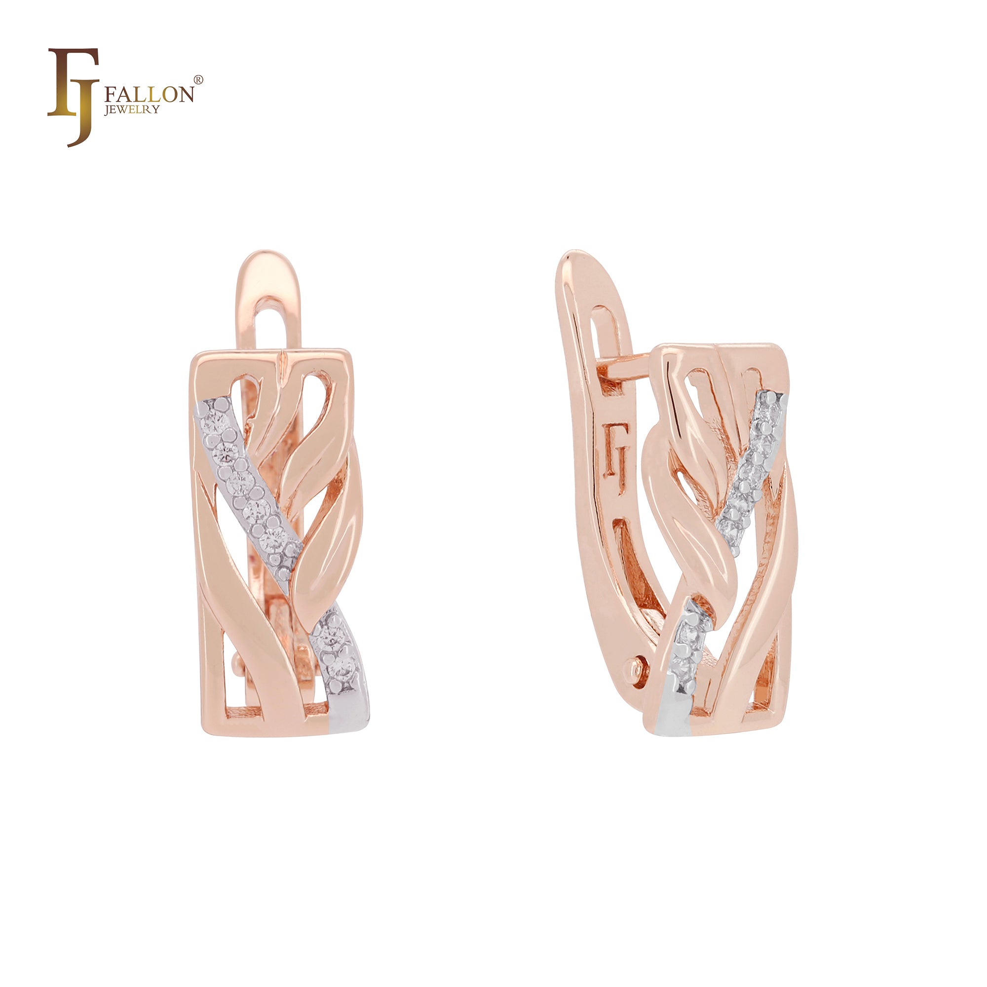 Window of leaves and branches white CZs 14K Gold, Rose Gold Russian Lock Earrings