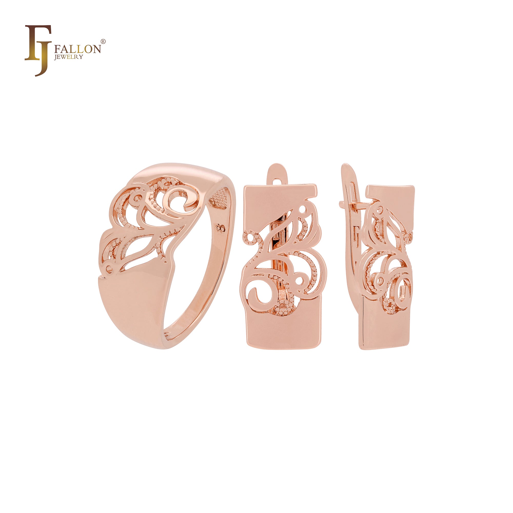 Conjunto de joias da moda em ouro rosa filigrana com anéis