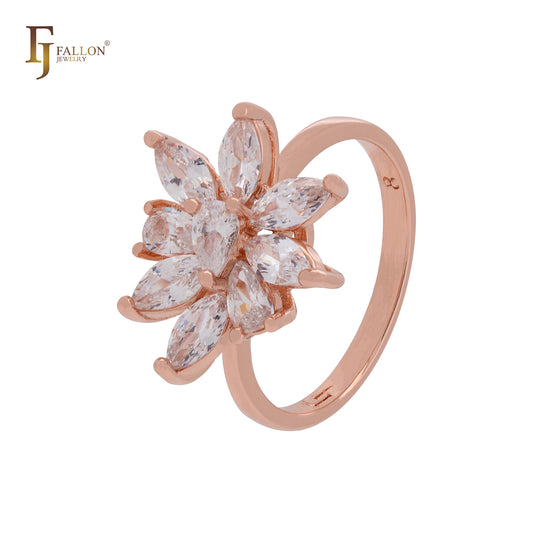 Anel de ouro rosa com zircônias cúbicas brilhantes e brilhantes em forma de flor luxuosa de marquise branca ou azul