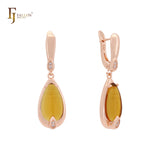 Pear shape Solitaire Colorful drop Stone Rose Gold Russian Lock Earrings