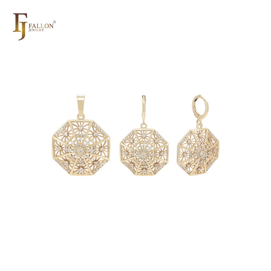 Conjunto de joias de ouro 14K com pingente e zircônias cúbicas brancas Kleidoscope em formato de floco de neve