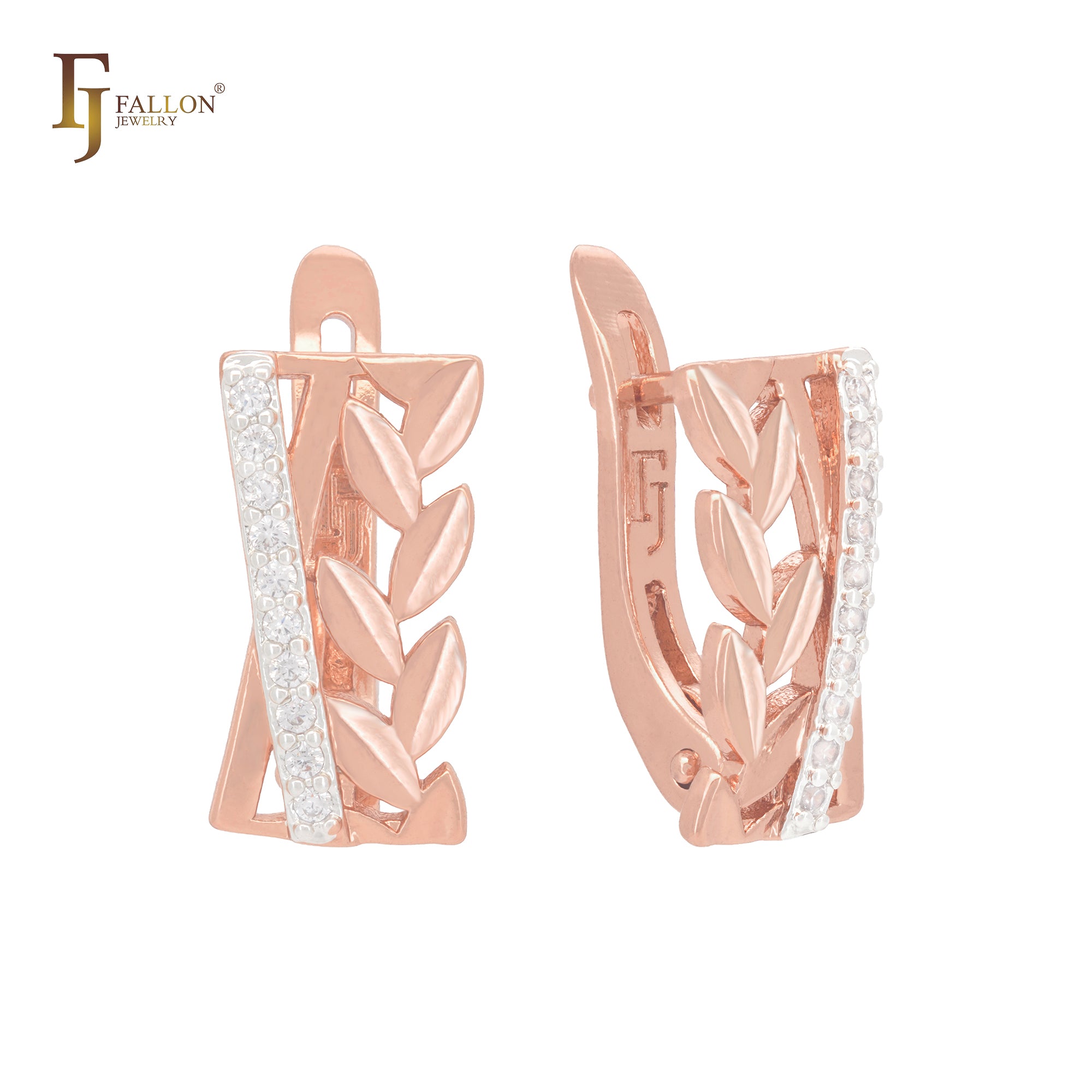 Thousand leaves and white cz band Rose Gold Russian Lock Earrings