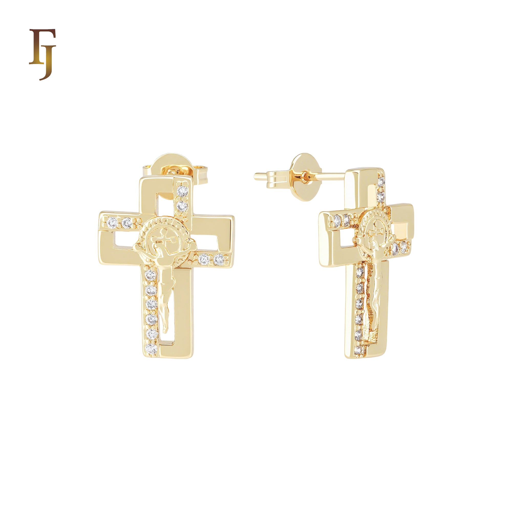 Crucifix Jesus Cross of 14K Gold White CZs Stud Earrings