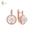 Circular Pearl with white CZs Rose Gold Russian Lock Earrings