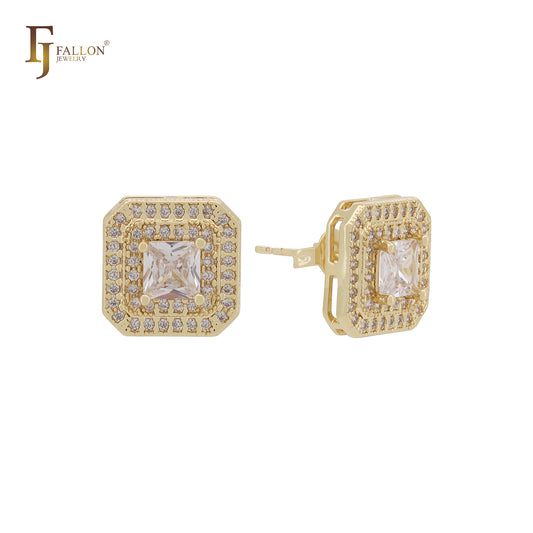 Brincos de pino de ouro 14K com zircônias cúbicas brancas quadradas e halo duplo