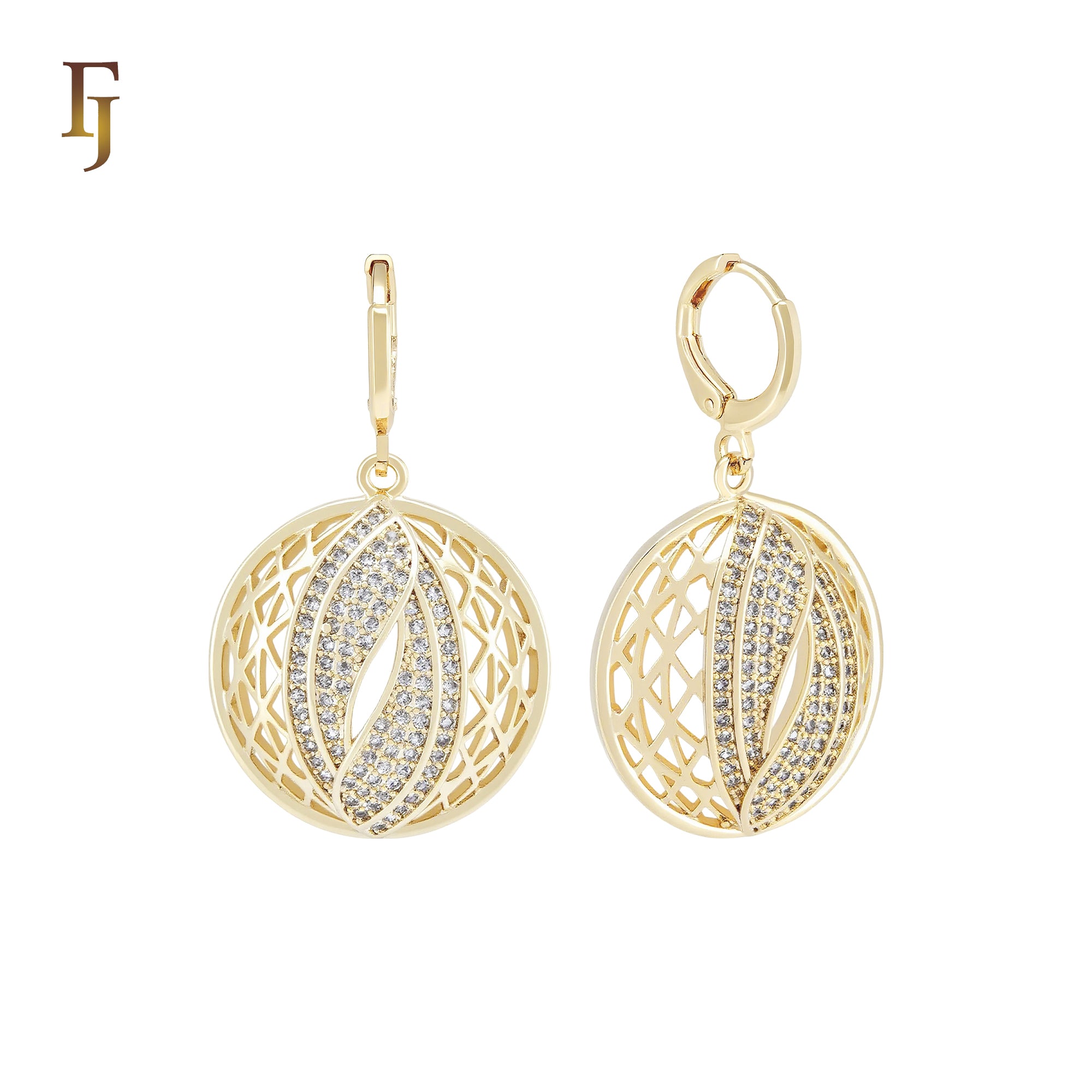 Semi-sphere White CZs double leaves 14K Gold Huggie Earrings