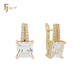 Princess cut white CZs solitaire 14K Gold, Rose Gold Russian Lock Earrings