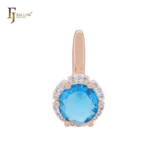 Solitaire Halo Big Rounded Colorful CZ Rose Gold two tone Solitaire Pendant