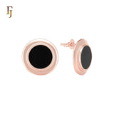 Framed beads rounded black onyx mirror Rose Gold Stud Earrings