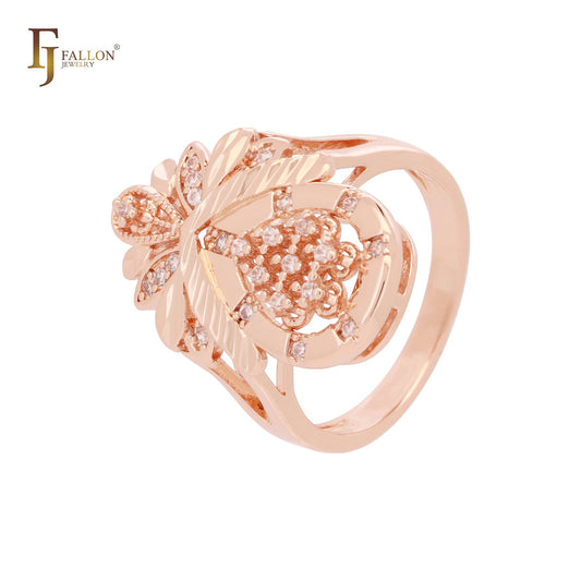 Conjunto em forma de flor de abacaxi CZs brancas em ouro 14K, anéis de ouro rosa