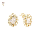 Oval Spinning ribbon of Oval halo white CZs 14K Gold, Rose Gold Stud Earrings