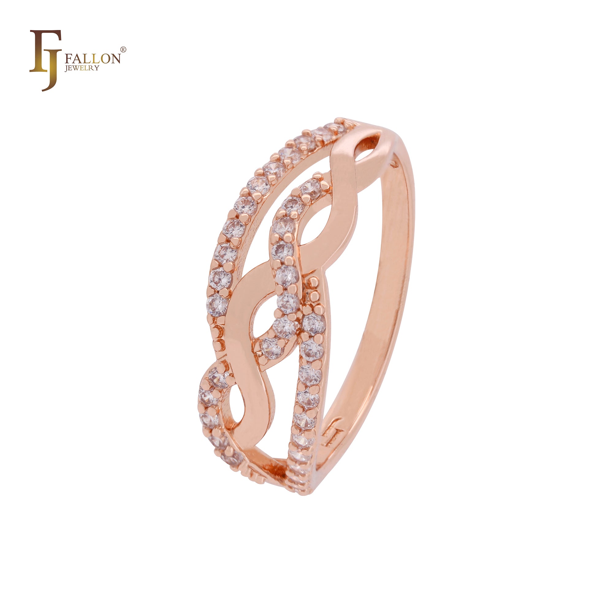 Anillos de moda en oro rosa con múltiples bandas retorcidas de circonitas blancas