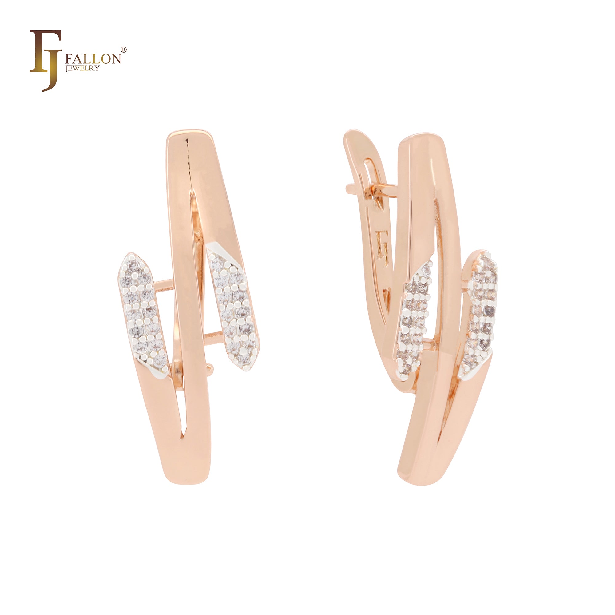 Triple rows of white CZs Rose Gold two tone Russian Lock Earrings