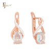 Solitaire Oval lake blue CZ with white Czs of ribbon Rose Gold two tone Russian Lock Earrings