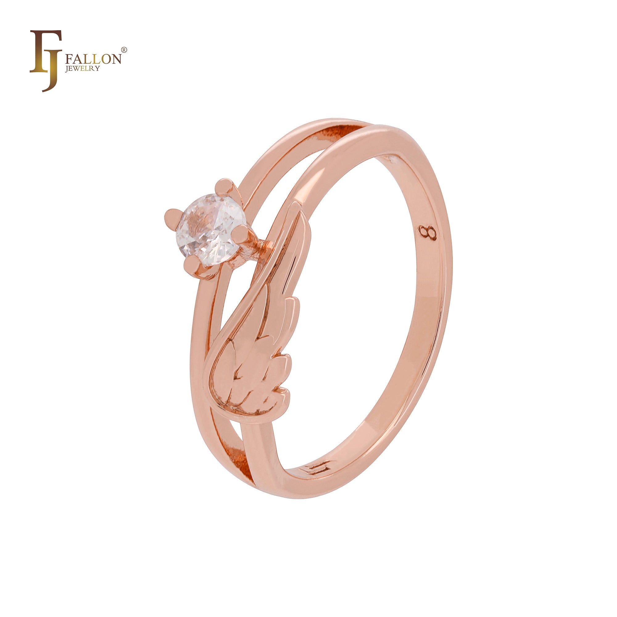 Anéis da moda em ouro rosa com zircônia cúbica branca e asa de anjo com coração