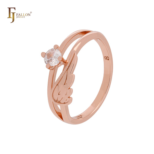 Anéis da moda em ouro rosa com zircônia cúbica branca e asa de anjo com coração