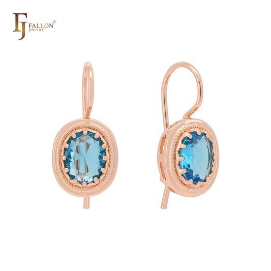 Solitaire Ocean Blue CZ Rose Gold Wire Hook Earrings