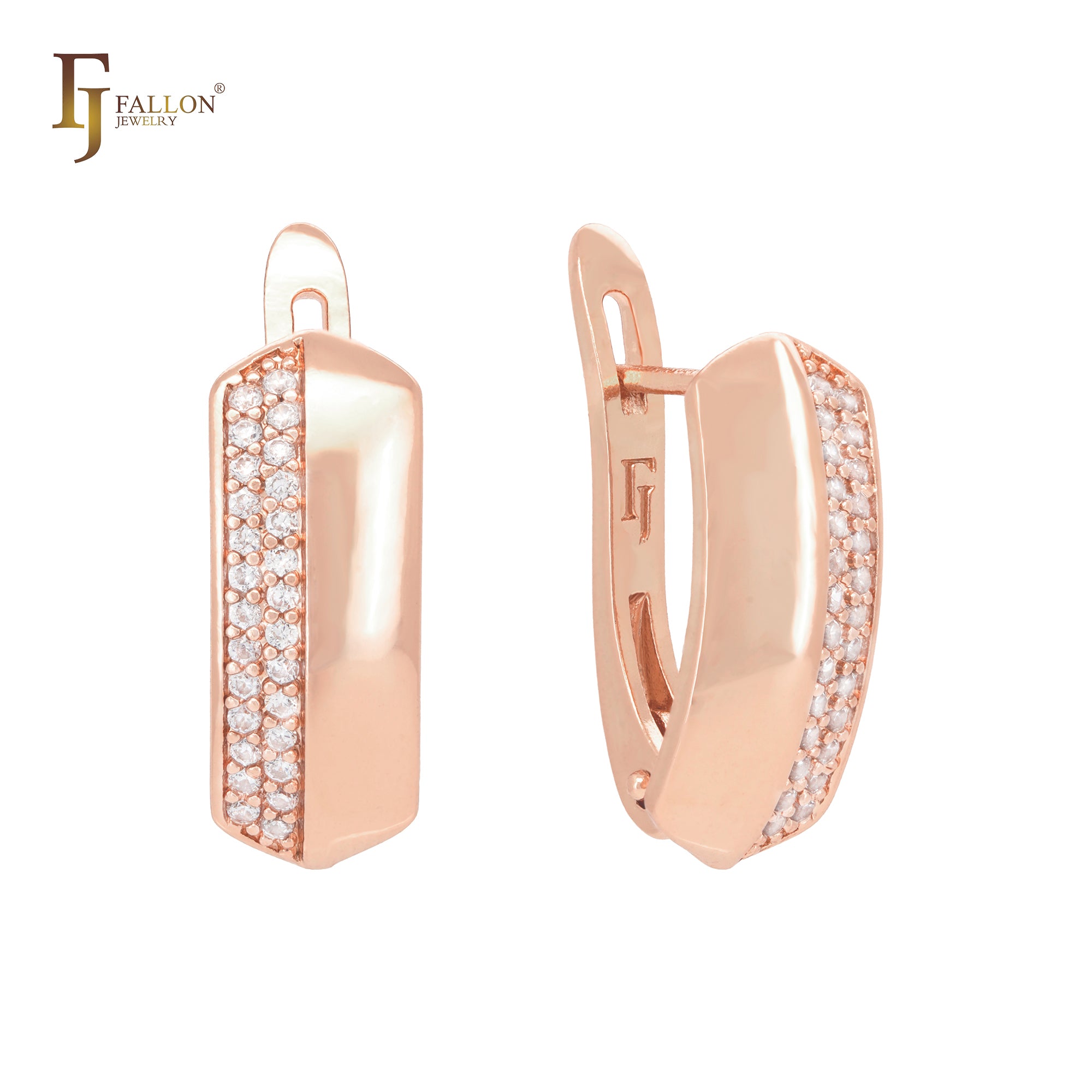 Oblong hexagon of paved white CZs Rose Gold Russian Lock Earrings