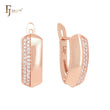 Oblong hexagon of paved white CZs Rose Gold Russian Lock Earrings