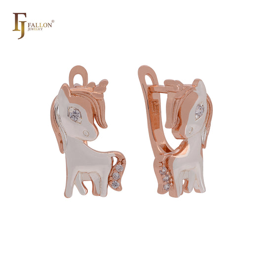 Brincos de criança fofinhos em ouro rosa, dois tons, Little Pony Horse