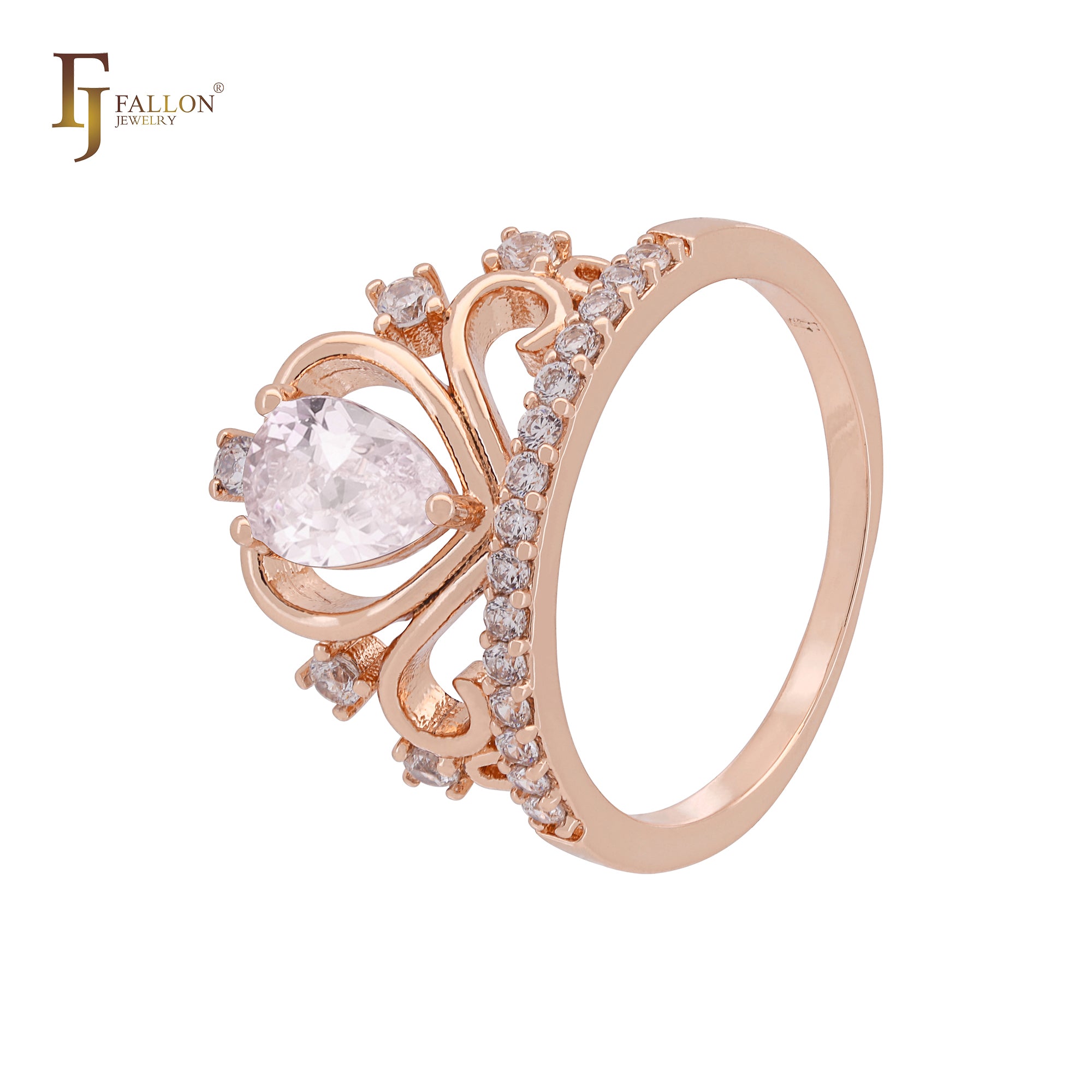 Pear shaped Solitaire Colorful CZ 14K Gold, 18K Gold, Rose Gold Cluster White CZ Crown Rings