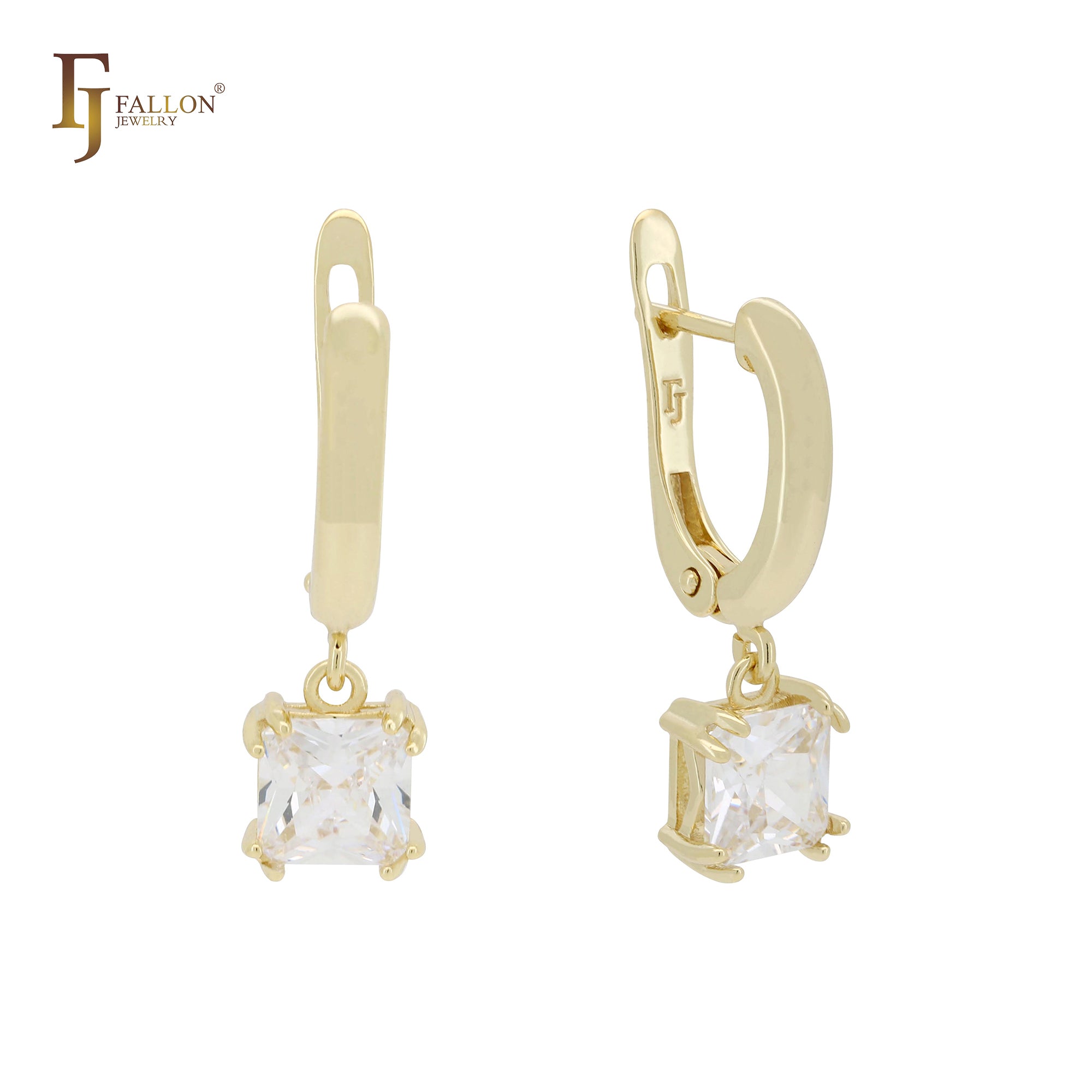 Solitaire asser cut cz drop 14K Gold, Rose Gold, White Gold Russian Lock Earrings