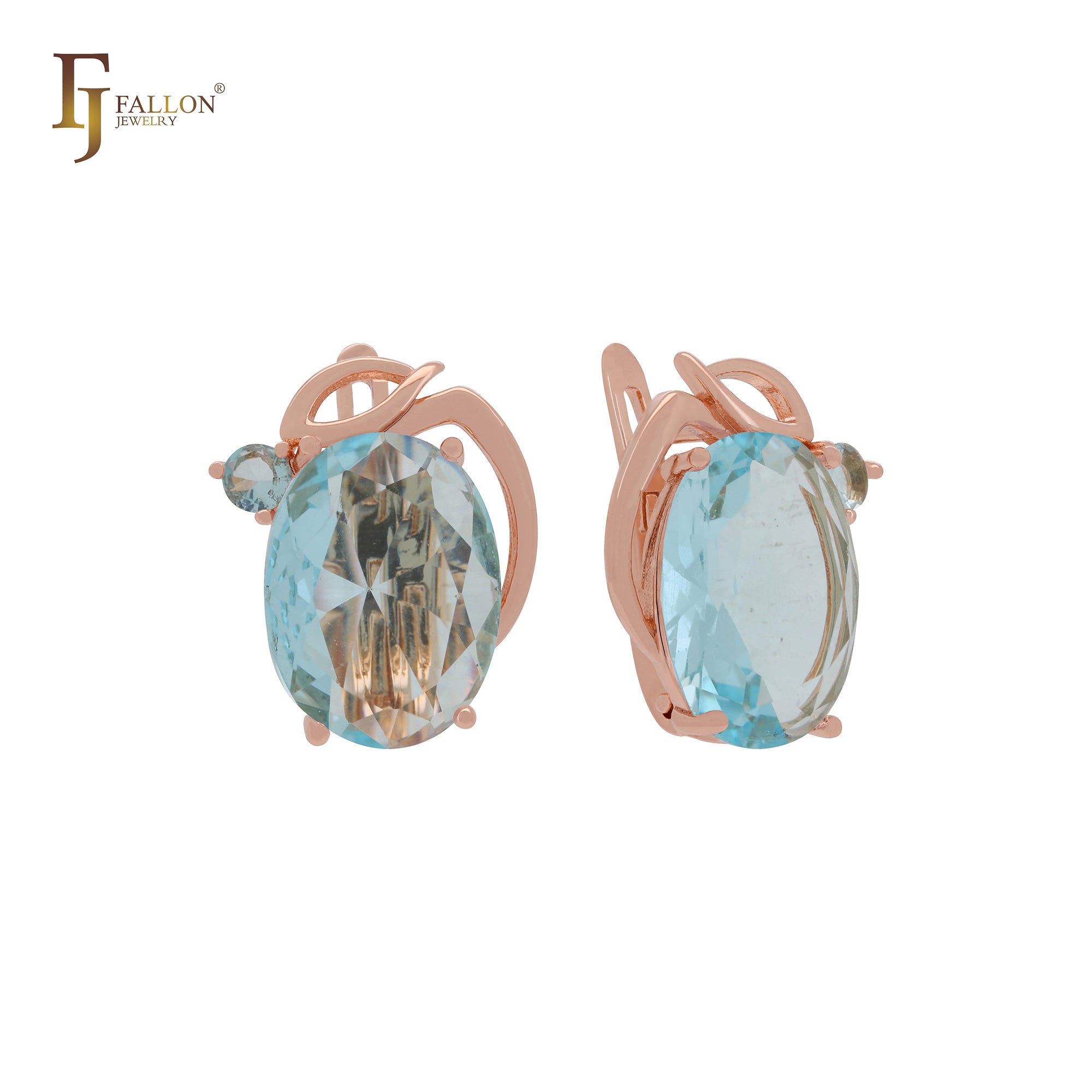 Giant oval big Solitaire white, Orange or lake blue CZ Luxurious Rose Gold Russian Lock Earrings