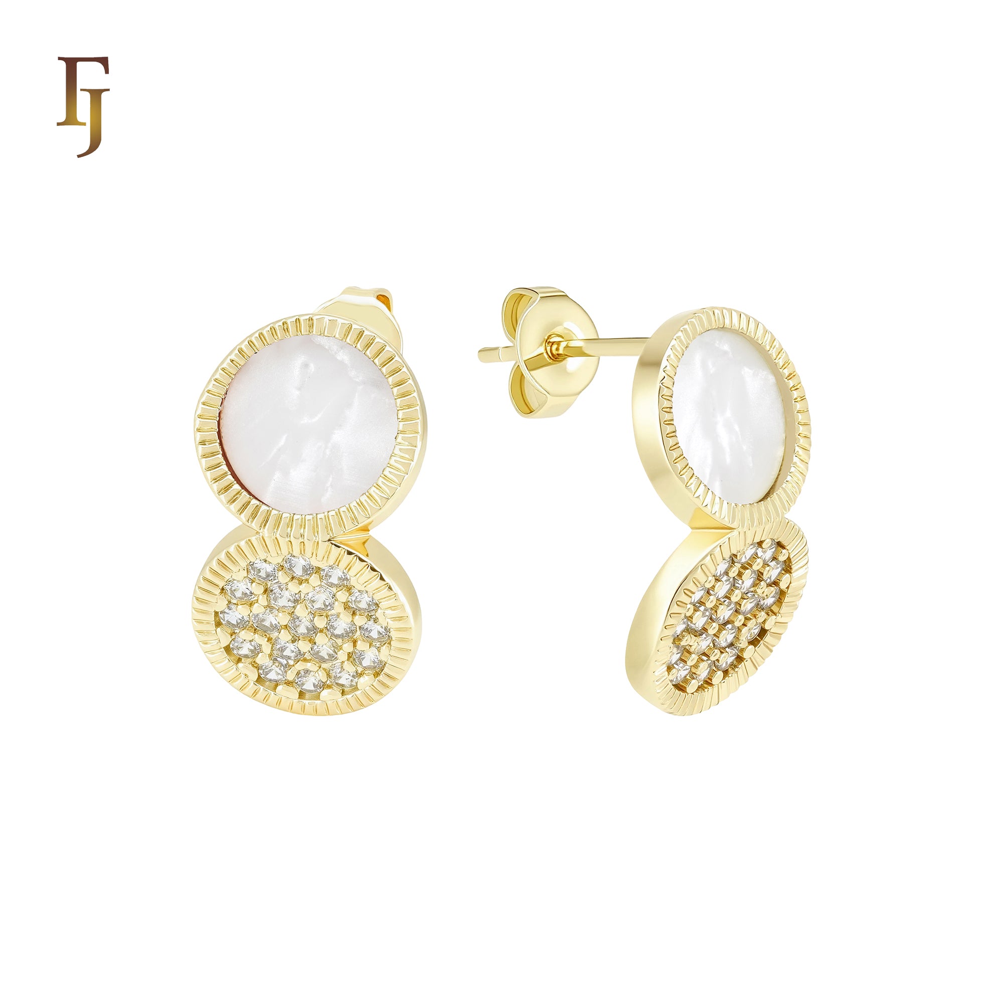 Rounded double disc of white or black onyx and white CZs cluster 14K Gold, Rose Gold Stud Earrings