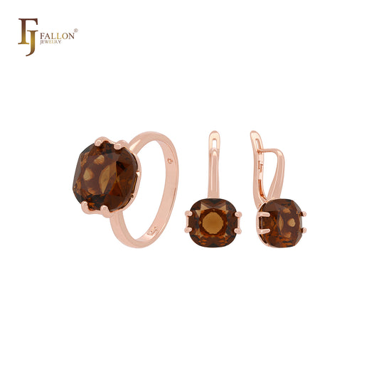 Solitaire Coffee 12mm Rounded CZ Rose Gold Jewelry Set with Rings