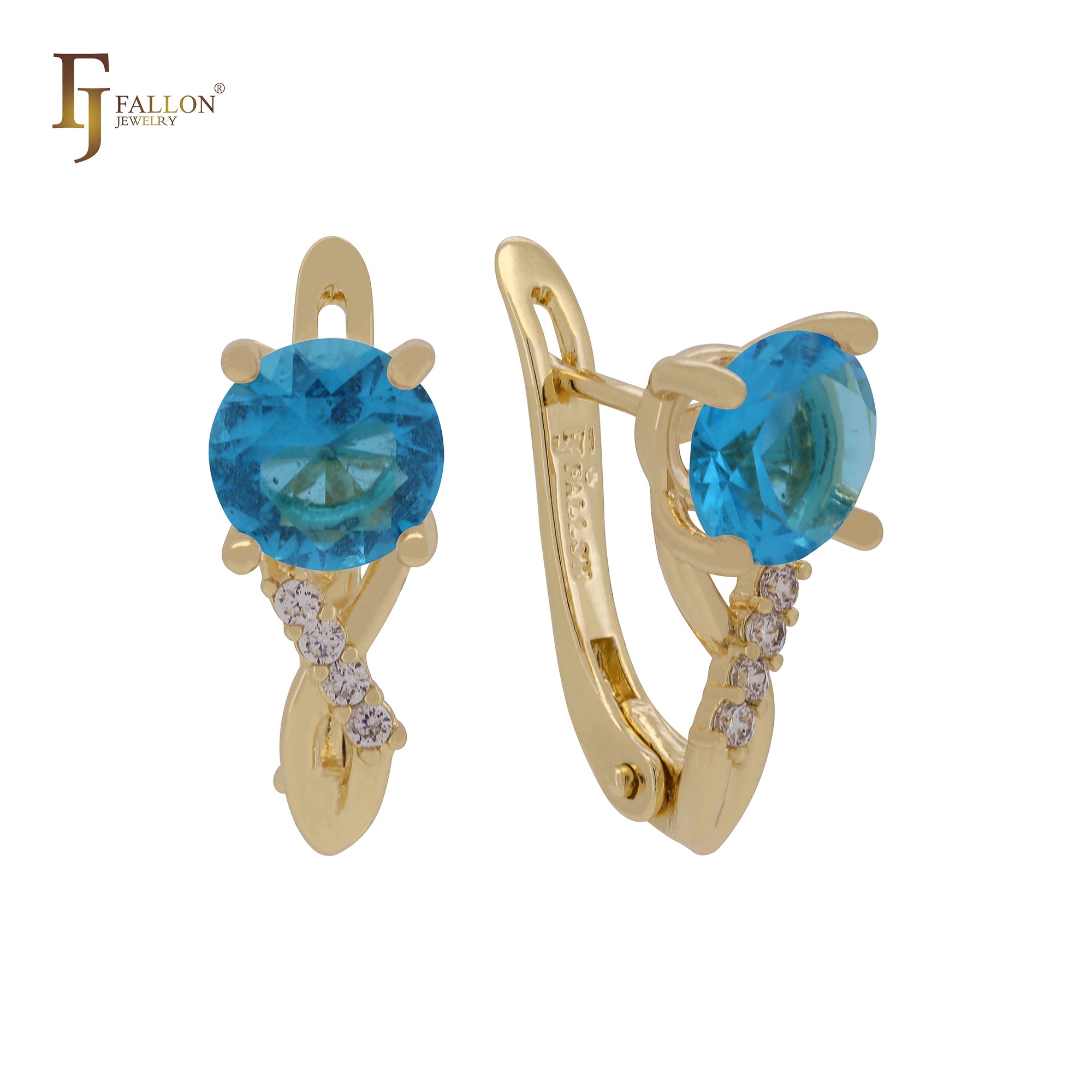 Solitaire round colorful CZ blooming Rose Gold, 14K Gold Russian Lock Earrings
