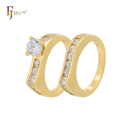 Cluster White CZs 14K Gold Wedding Set Rings