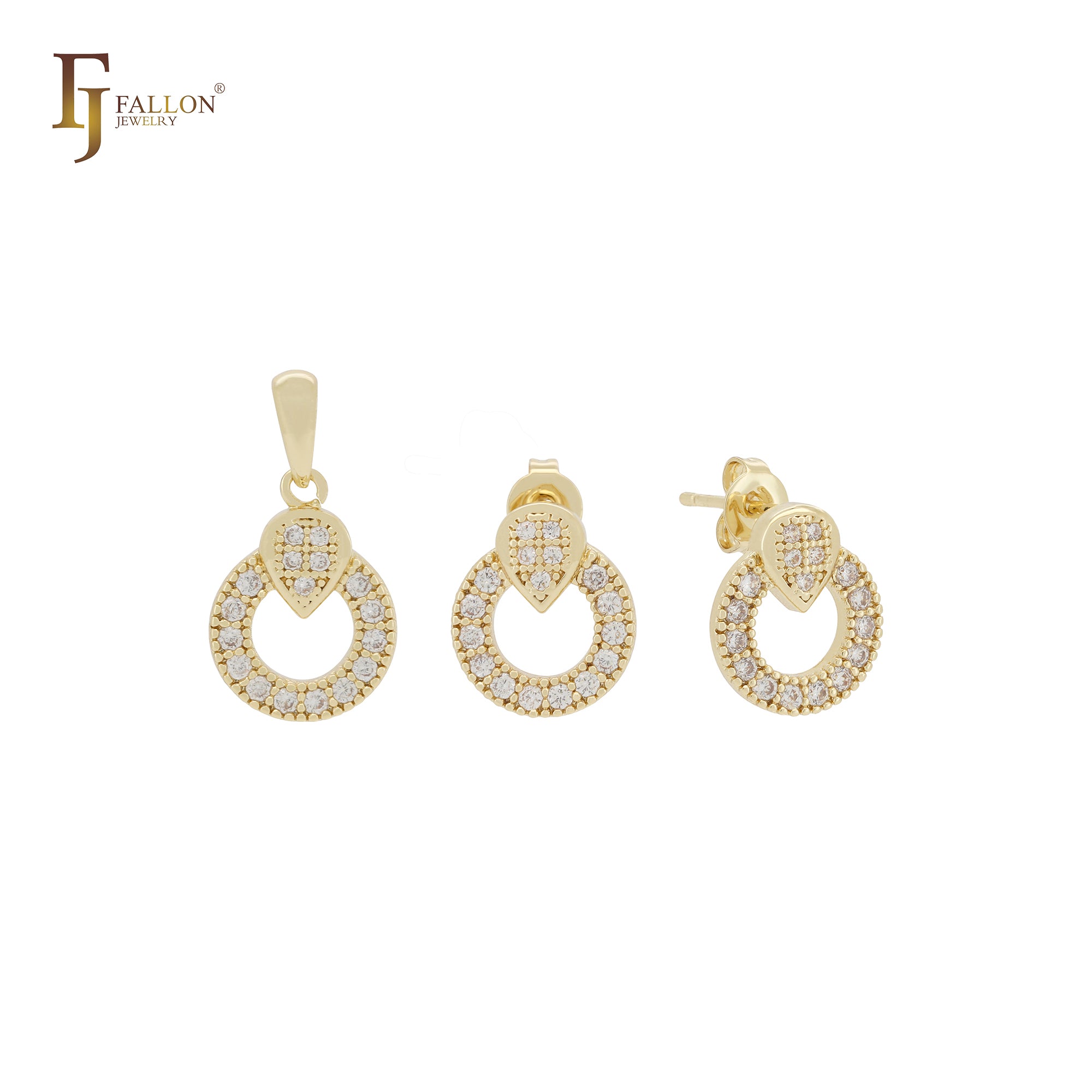Kleines, rundes Schmuckset aus 14 Karat Gold mit weißem Zirkonia-Cluster, Anhänger und Ohrstecker