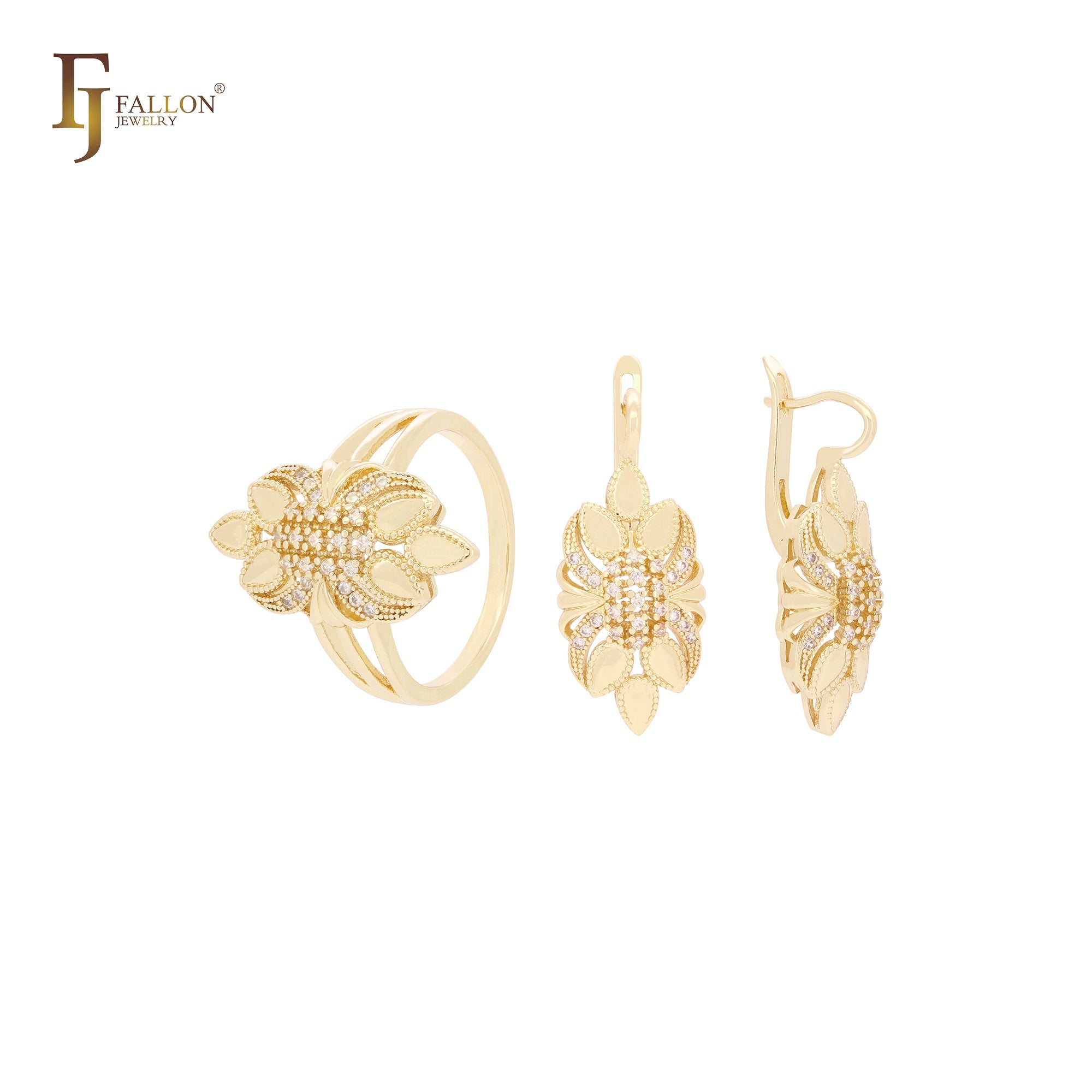 Conjunto de joias de ouro rosa CZs brancas com seis folhas e anéis