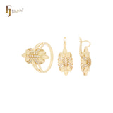 Conjunto de joias de ouro rosa CZs brancas com seis folhas e anéis