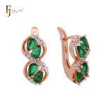 Cluster Pear shape Emerald and White CZs Rose Gold Russian Lock Earrings